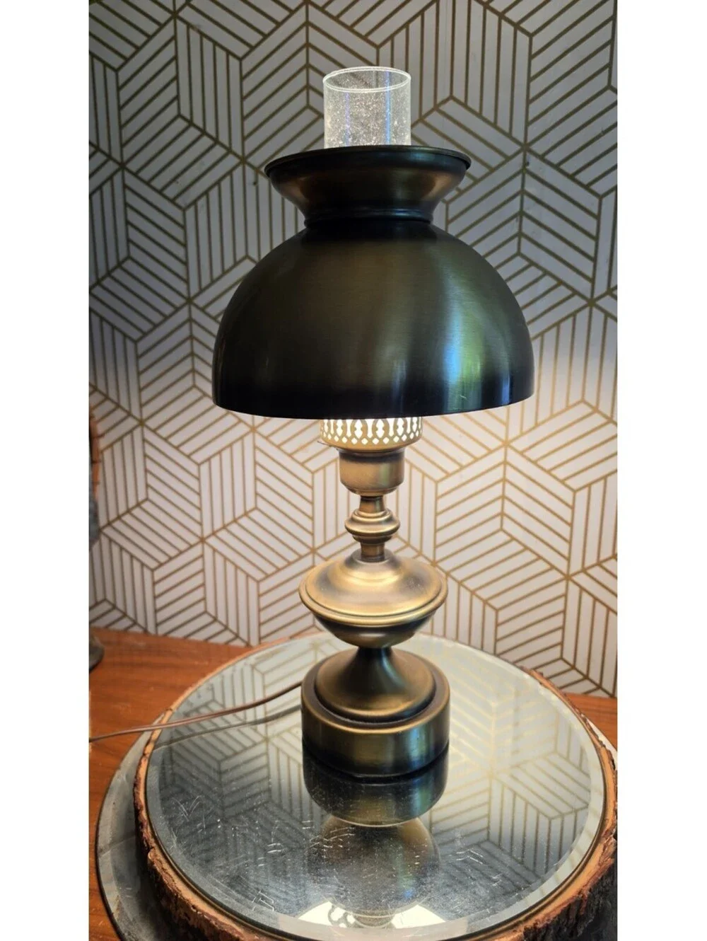 Vintage 3Pc Antiqued Brass Hurricane Parlor Table Lamp Glass Chimney- 3 Way GWTW